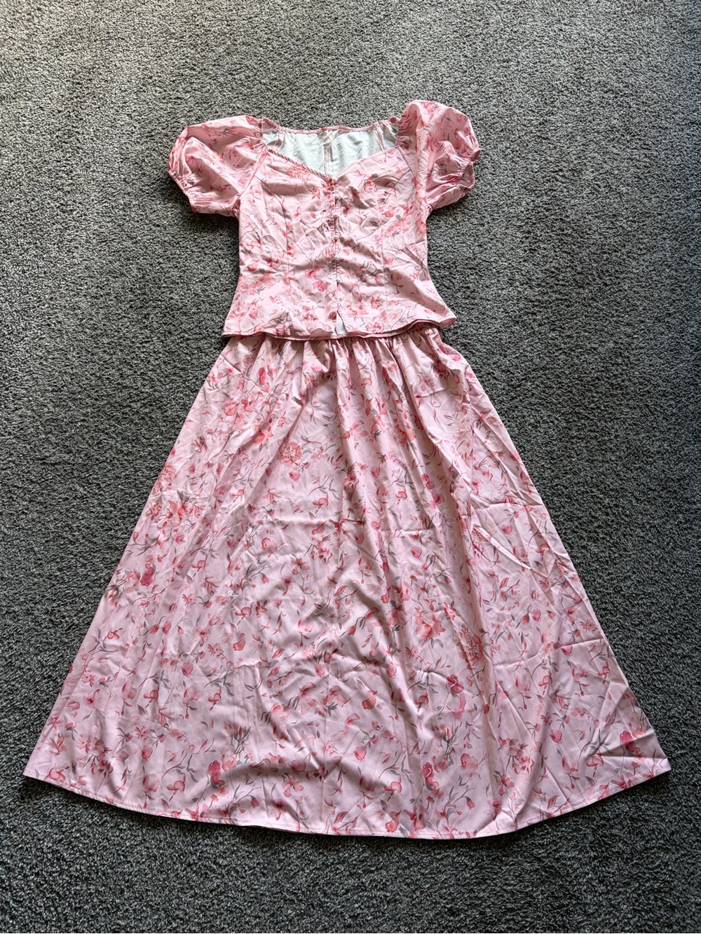 Pink Floral 2 Piece Cottagecore Maxi Dress with Puff Sleeves